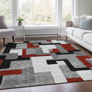 HomeRoots 9' X 12' Stylish Gray, Black & Red Geometric Washable Area Rug with UV Protection & Non-Slip Backing 675707