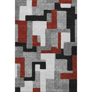 HomeRoots 9' X 12' Stylish Gray, Black & Red Geometric Washable Area Rug with UV Protection & Non-Slip Backing 675707