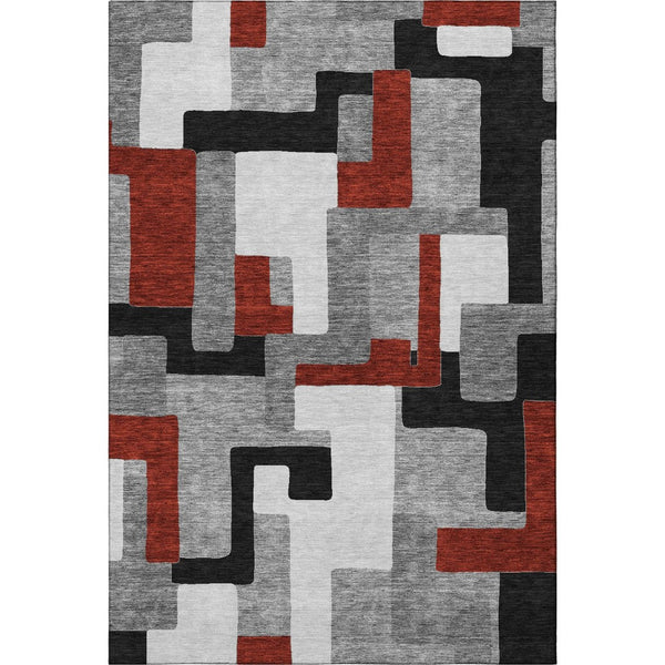 HomeRoots 9' X 12' Stylish Gray, Black & Red Geometric Washable Area Rug with UV Protection & Non-Slip Backing 675707