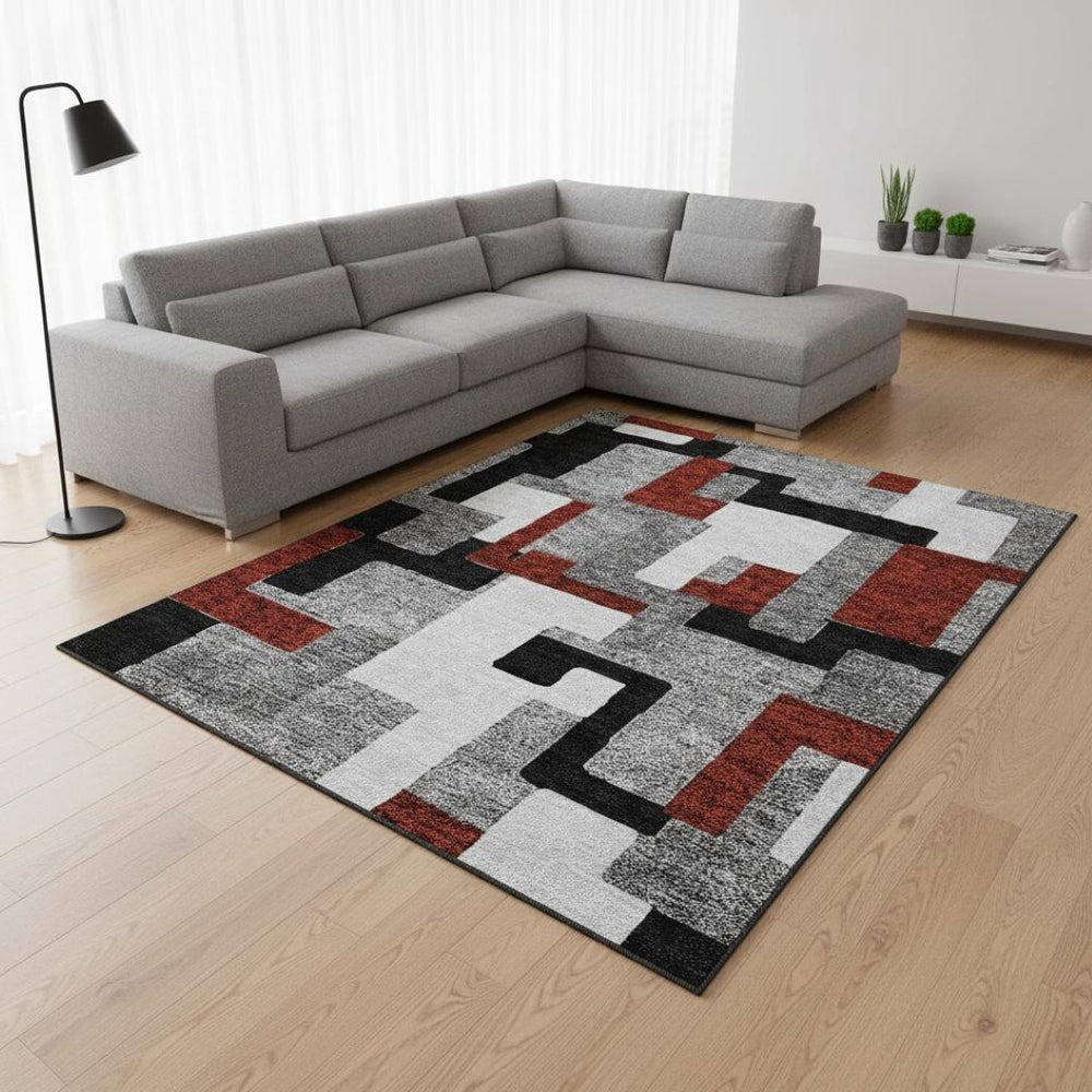 HomeRoots 10' Stylish Gray, Black & Red Geometric Washable Area Rug with UV Protection for Modern Homes 675708