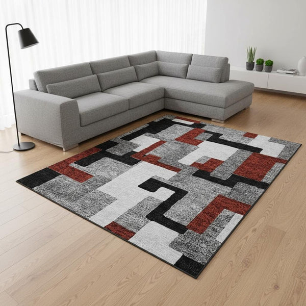 HomeRoots 10' Stylish Gray, Black & Red Geometric Washable Area Rug with UV Protection for Modern Homes 675708