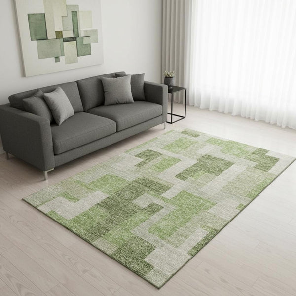 HomeRoots 5' Modern Geometric Green and Beige Washable Area Rug with UV Protection for Busy Households 675710