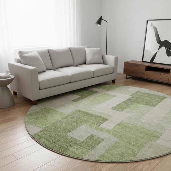 HomeRoots 8' Geometric Round Rug in Green and Beige - Washable, UV-Protected, Stylish for Indoor & Outdoor Use 675711