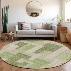HomeRoots 8' Geometric Round Rug in Green and Beige - Washable, UV-Protected, Stylish for Indoor & Outdoor Use 675711