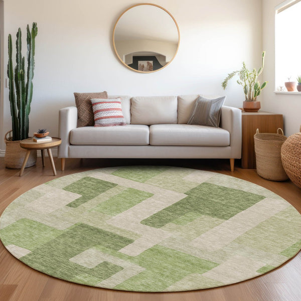 HomeRoots 8' Geometric Round Rug in Green and Beige - Washable, UV-Protected, Stylish for Indoor & Outdoor Use 675711