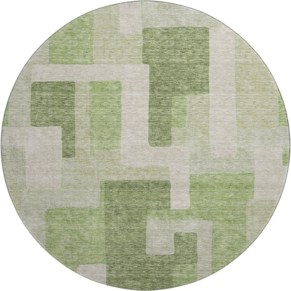 HomeRoots 8' Geometric Round Rug in Green and Beige - Washable, UV-Protected, Stylish for Indoor & Outdoor Use 675711