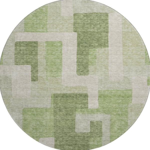 HomeRoots 8' Geometric Round Rug in Green and Beige - Washable, UV-Protected, Stylish for Indoor & Outdoor Use 675711
