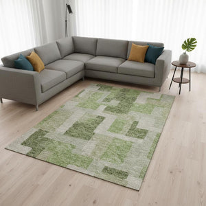HomeRoots 9' X 12' Geometric Area Rug in Green & Beige - Washable, UV Resistant, Modern Design for High Traffic Areas 675713