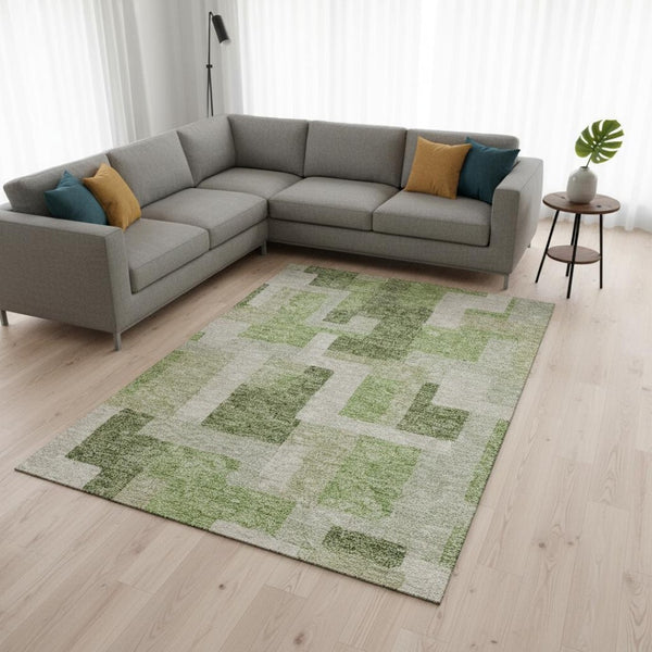 HomeRoots 9' X 12' Geometric Area Rug in Green & Beige - Washable, UV Resistant, Modern Design for High Traffic Areas 675713