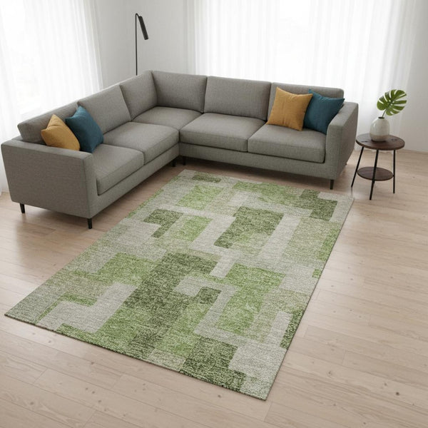 HomeRoots 10' X 14' Stylish Green & Beige Geometric Area Rug - Washable, UV-Protected & Perfect for Any Space! 675714