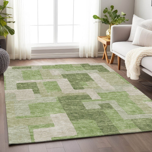 HomeRoots 10' X 14' Stylish Green & Beige Geometric Area Rug - Washable, UV-Protected & Perfect for Any Space! 675714