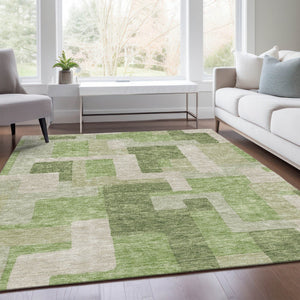 HomeRoots 10' X 14' Stylish Green & Beige Geometric Area Rug - Washable, UV-Protected & Perfect for Any Space! 675714
