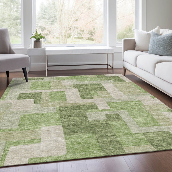 HomeRoots 10' X 14' Stylish Green & Beige Geometric Area Rug - Washable, UV-Protected & Perfect for Any Space! 675714