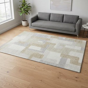 HomeRoots 5' X 8' Ivory Gray Beige Geometric Area Rug - Washable, UV Protected, Durable & Stylish Design 675716