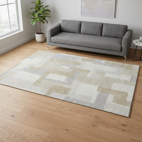 HomeRoots 5' X 8' Ivory Gray Beige Geometric Area Rug - Washable, UV Protected, Durable & Stylish Design 675716