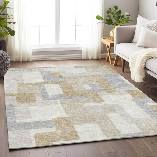 HomeRoots 5' X 8' Ivory Gray Beige Geometric Area Rug - Washable, UV Protected, Durable & Stylish Design 675716