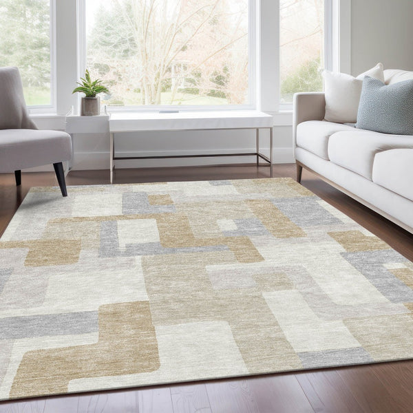 HomeRoots 5' X 8' Ivory Gray Beige Geometric Area Rug - Washable, UV Protected, Durable & Stylish Design 675716