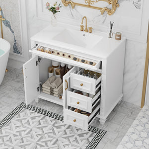 English Elm 36" Modern Bathroom Vanity with Ceramic Sink, Gold Handles, Flip-Out Drawer & Soft-Close Doors White N725P283623K