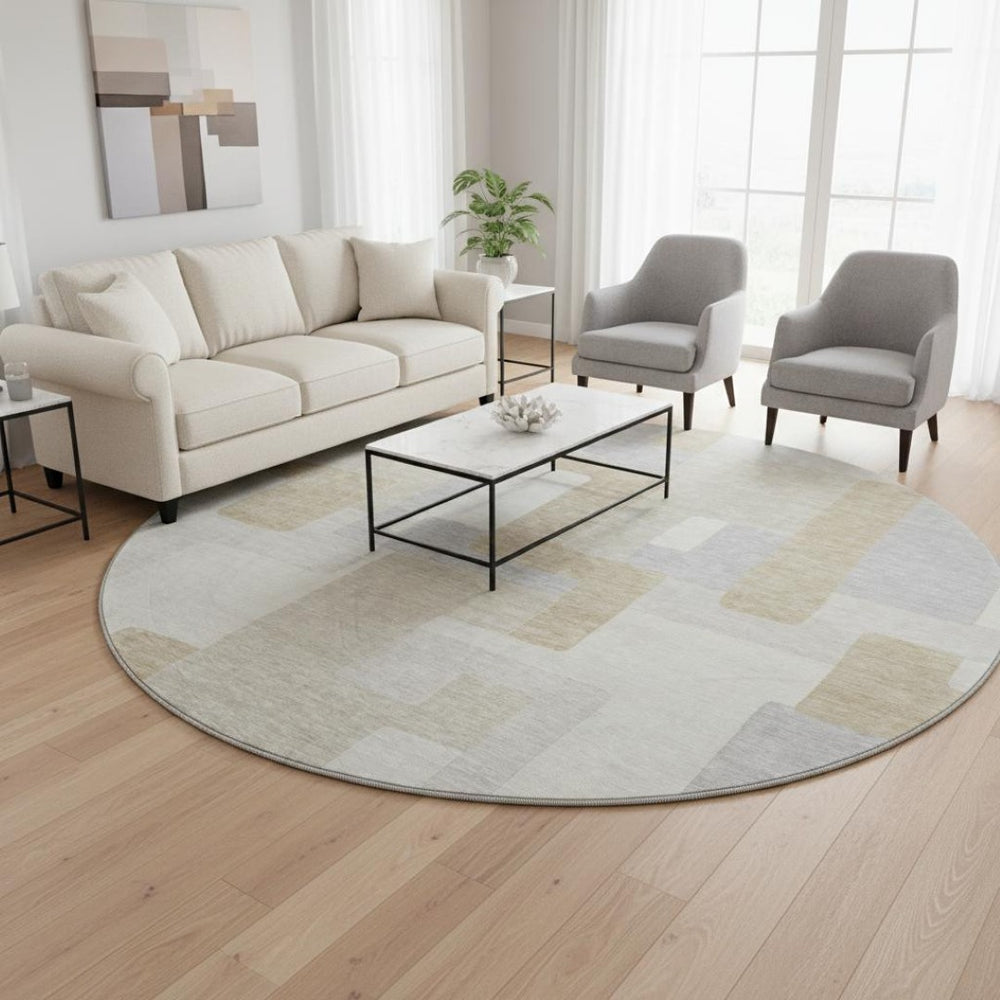 HomeRoots 8' Stylish Ivory Gray Beige Geometric Round Rug – Washable, UV Protected, Durable for High-Traffic Areas 675717