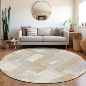 HomeRoots 8' Stylish Ivory Gray Beige Geometric Round Rug – Washable, UV Protected, Durable for High-Traffic Areas 675717