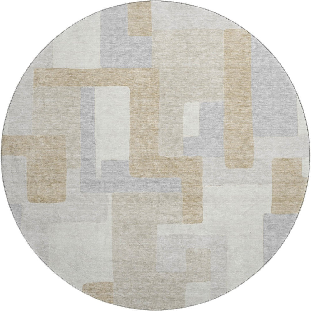 HomeRoots 8' Stylish Ivory Gray Beige Geometric Round Rug – Washable, UV Protected, Durable for High-Traffic Areas 675717