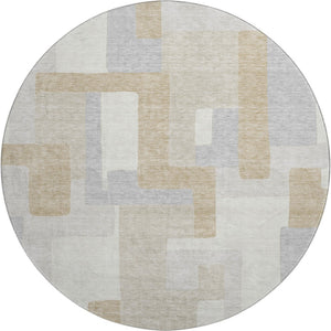 HomeRoots 8' Stylish Ivory Gray Beige Geometric Round Rug – Washable, UV Protected, Durable for High-Traffic Areas 675717