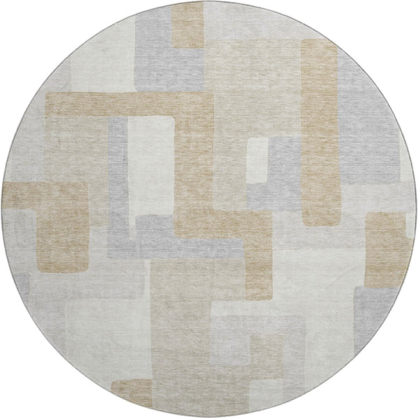 HomeRoots 8' Stylish Ivory Gray Beige Geometric Round Rug – Washable, UV Protected, Durable for High-Traffic Areas 675717