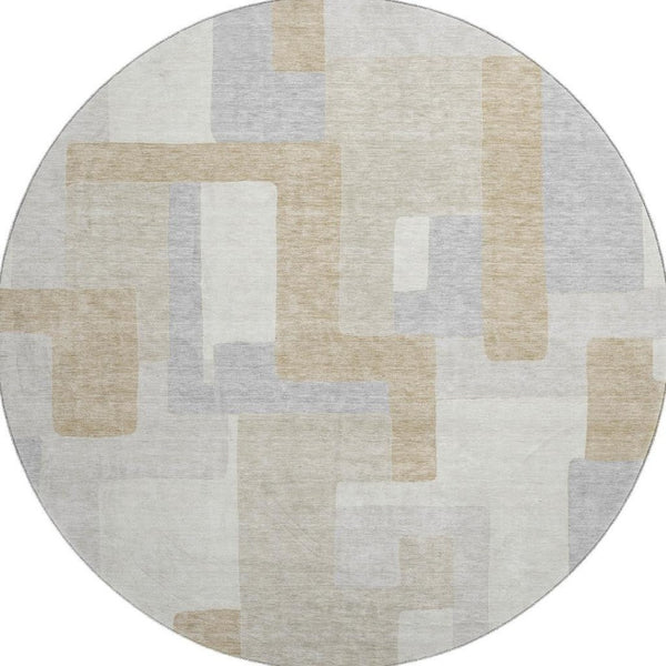 HomeRoots 8' Stylish Ivory Gray Beige Geometric Round Rug – Washable, UV Protected, Durable for High-Traffic Areas 675717