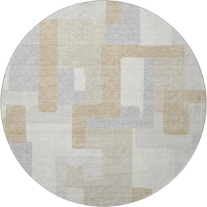 HomeRoots 8' Stylish Ivory Gray Beige Geometric Round Rug – Washable, UV Protected, Durable for High-Traffic Areas 675717