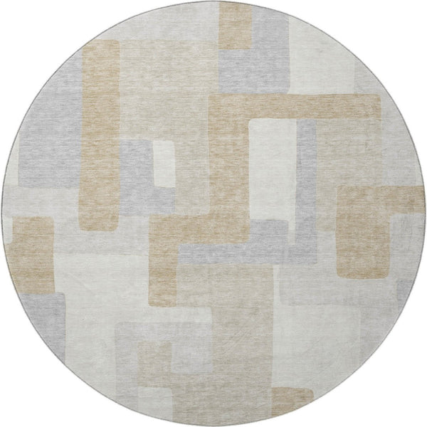 HomeRoots 8' Stylish Ivory Gray Beige Geometric Round Rug – Washable, UV Protected, Durable for High-Traffic Areas 675717