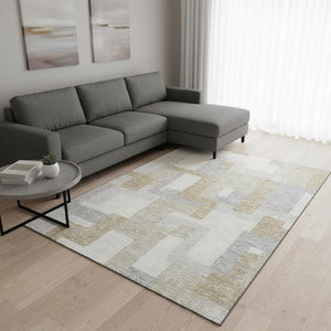 HomeRoots 8' X 10' Stylish Ivory Gray Beige Geometric Area Rug - Washable, UV Protected, Durable & Stain-Resistant 675718