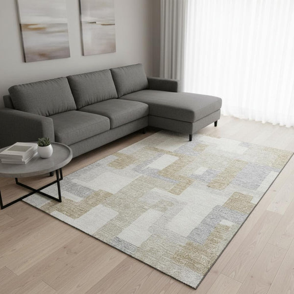 HomeRoots 8' X 10' Stylish Ivory Gray Beige Geometric Area Rug - Washable, UV Protected, Durable & Stain-Resistant 675718