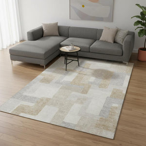 HomeRoots 9' X 12' Ivory Gray Geometric Area Rug - Durable, Washable, Stain-Resistant with UV Protection 675719