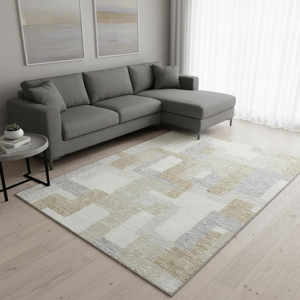 HomeRoots 10' Modern Geometric Ivory Gray & Beige Washable Area Rug with UV Protection for Family Spaces 675720