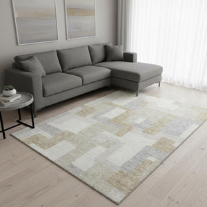 HomeRoots 10' Modern Geometric Ivory Gray & Beige Washable Area Rug with UV Protection for Family Spaces 675720