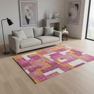 HomeRoots 5' X 8' Vibrant Pink Ivory Orange Geometric Area Rug – Washable, UV Protection, Durable Design! 675722