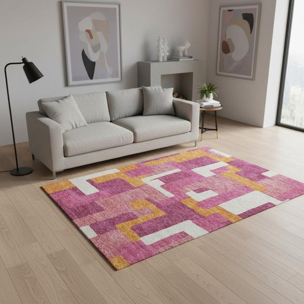 HomeRoots 5' X 8' Vibrant Pink Ivory Orange Geometric Area Rug – Washable, UV Protection, Durable Design! 675722