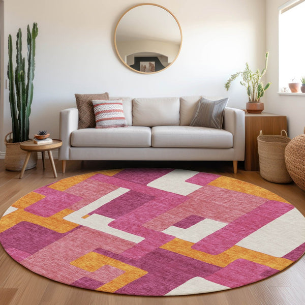 HomeRoots 8' Pink Ivory and Orange Geometric Washable Round Rug - UV Protected, Stylish & Family-Friendly Design 675723