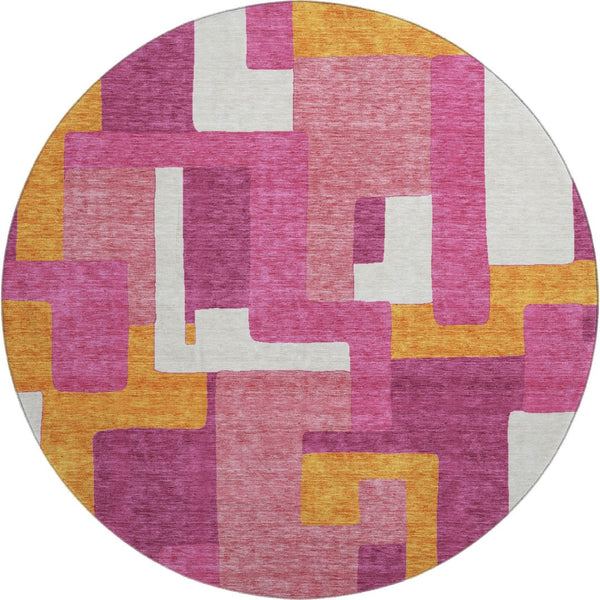 HomeRoots 8' Pink Ivory and Orange Geometric Washable Round Rug - UV Protected, Stylish & Family-Friendly Design 675723