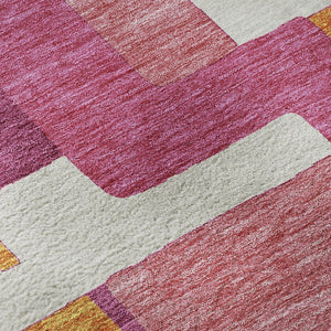 HomeRoots 8' Pink Ivory and Orange Geometric Washable Round Rug - UV Protected, Stylish & Family-Friendly Design 675723