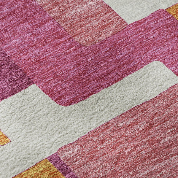 HomeRoots 8' Pink Ivory and Orange Geometric Washable Round Rug - UV Protected, Stylish & Family-Friendly Design 675723