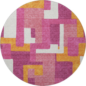 HomeRoots 8' Pink Ivory and Orange Geometric Washable Round Rug - UV Protected, Stylish & Family-Friendly Design 675723