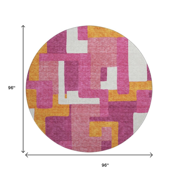 HomeRoots 8' Pink Ivory and Orange Geometric Washable Round Rug - UV Protected, Stylish & Family-Friendly Design 675723
