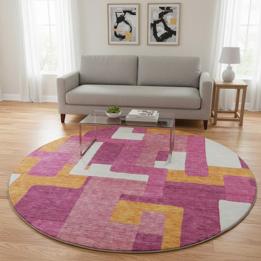 HomeRoots 8' Pink Ivory and Orange Geometric Washable Round Rug - UV Protected, Stylish & Family-Friendly Design 675723