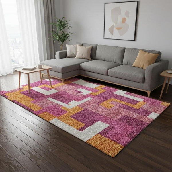 HomeRoots 9' X 12' Pink Ivory & Orange Geometric Area Rug - Washable, UV Protected, Stylish & Durable Design 675725