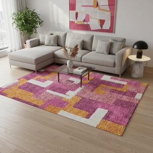 HomeRoots 10' X 14' Stylish Pink, Ivory & Orange Geometric Washable Area Rug with UV Protection for Homes 675726