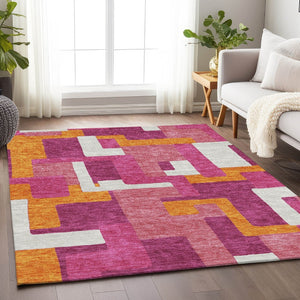 HomeRoots 10' X 14' Stylish Pink, Ivory & Orange Geometric Washable Area Rug with UV Protection for Homes 675726