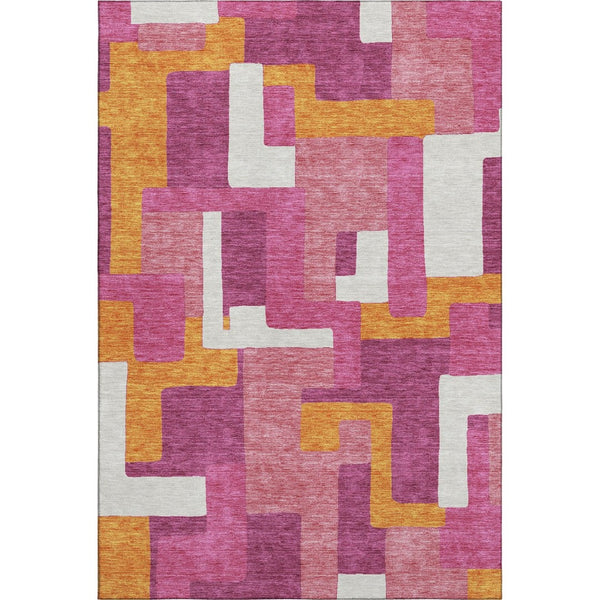 HomeRoots 10' X 14' Stylish Pink, Ivory & Orange Geometric Washable Area Rug with UV Protection for Homes 675726