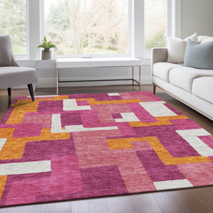 HomeRoots 10' X 14' Stylish Pink, Ivory & Orange Geometric Washable Area Rug with UV Protection for Homes 675726
