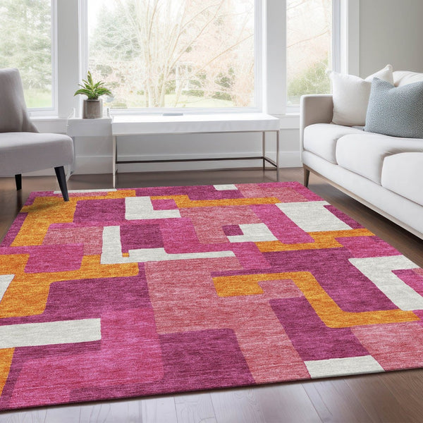 HomeRoots 10' X 14' Stylish Pink, Ivory & Orange Geometric Washable Area Rug with UV Protection for Homes 675726